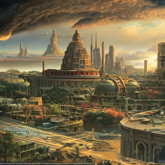 Prompt: Flan, science fiction matte painting, highly detailed, Thomas Kincaid