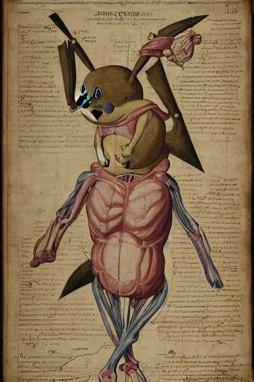 Image similar to 1 7 th century anatomy poster of pikachu, detailed, intricate, elegant, realistic,