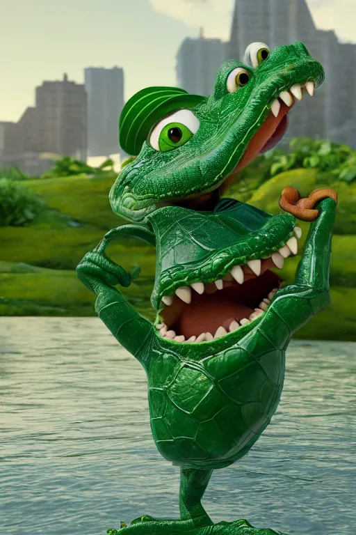 Prompt: portrait of a happy green crocodile holding a white teacup with the river in background, full body. pixar disney 4 k 3 d render funny animation movie oscar winning trending on artstation and behance, ratatouille style