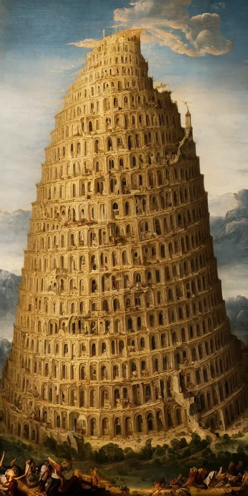 Image similar to baroque oil painting of : the elaborate ornate “ tower of babel ” is extremely tall and rises high above the mountains and the clouds all the way to heaven with golden rays of sunlight. photorealistic historical art with many small details ; heavenly ; majestic ; glorious ; beautiful.