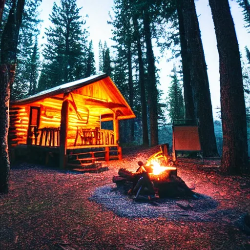 Image similar to cabin in the woods at night, campfire, lens blur, fireflies