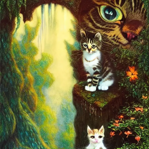 Prompt: painting of one kitten in the enchanted forest standing on the steps and watching the waterfall, fantasy, intricate, extremely detailed, matte, featured in artstation, art by louis wain, greg rutkowski, alan lee