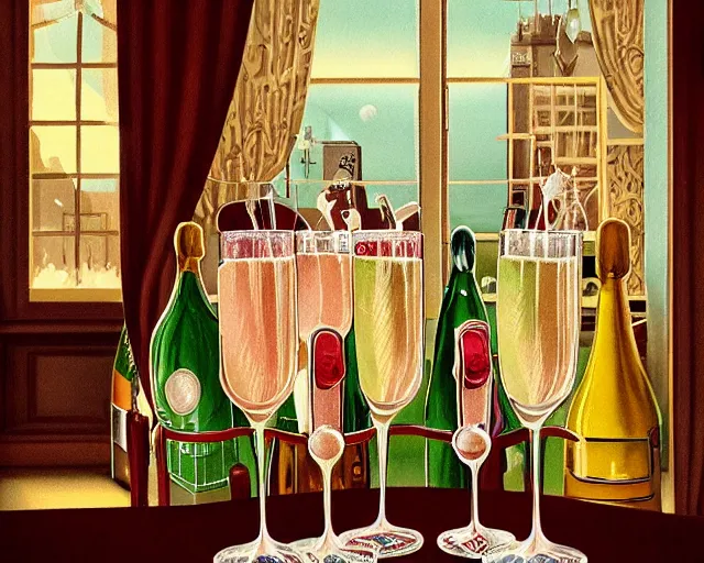 Image similar to 1 9 3 0 s champagne commercial, realistic, artstation, illustration, bright, cheerful, detailed and intricate environment