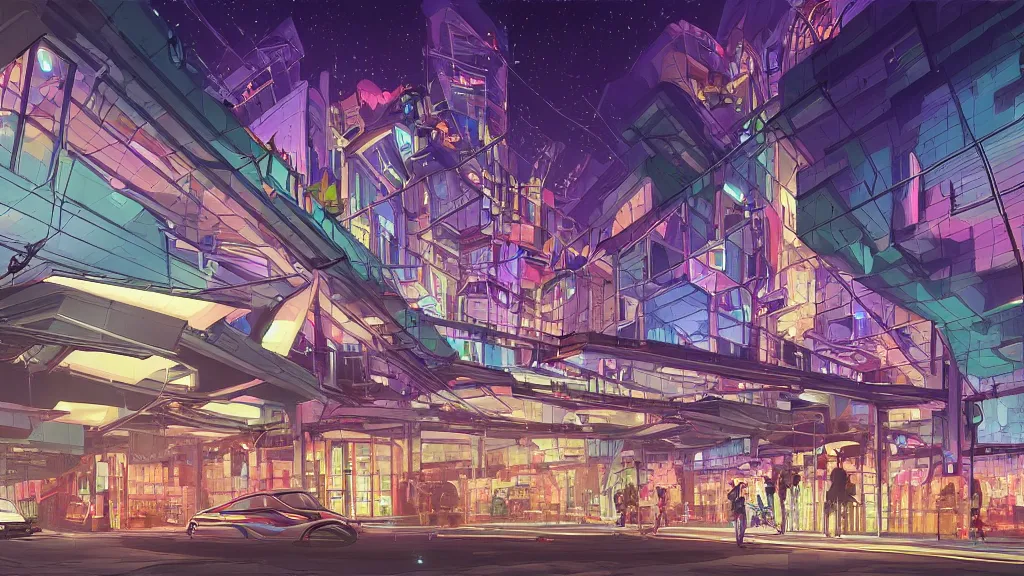 Image similar to view of the futuristic church building in the downtown of the city at night by cyril rolando and naomi okubo and dan mumford and zaha hadid. flying cars. advertisements. neon. tram.