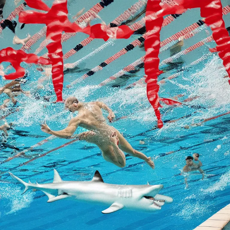 Image similar to a professional drawing of a swimming race between a man (swimming freestyle) and a shark (his head emerging from the water) in an Olympic swimming pool, the race is close