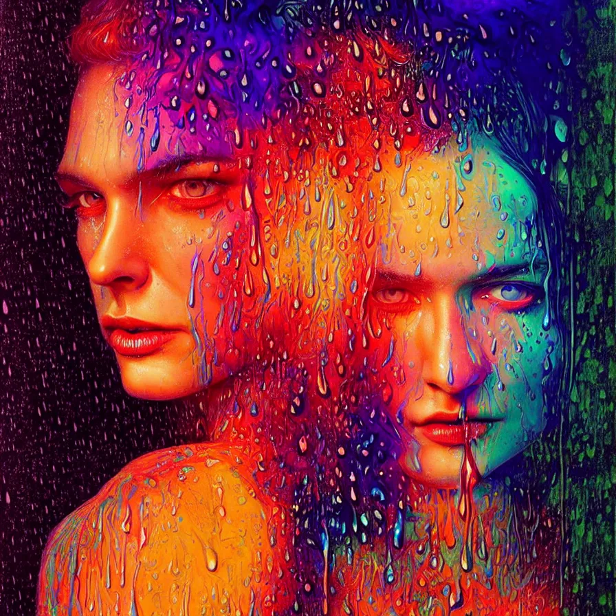 Image similar to bright asthetic portrait of LSD in rain with wet hair and face, liquid, fantasy, intricate, elegant, dramatic lighting, highly detailed, lifelike, photorealistic, digital painting, artstation, illustration, concept art, smooth, sharp focus, art by John Collier and Albert Aublet and Krenz Cushart and Artem Demura and Alphonse Mucha