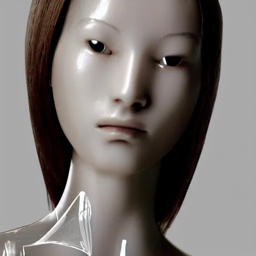 Prompt: Human female made of clear translucent plastic filled with water