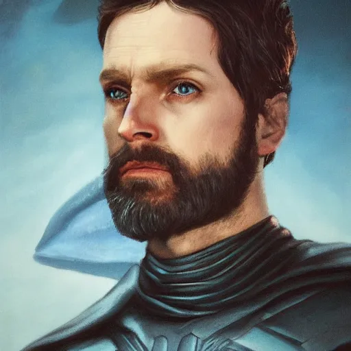 Image similar to realistic paul atreides emperor of the known universe, perfect dramatic and dark portrait by rabbitary b, trending on artstation, deviantart, dune, low angle oil painting and composition laws, dark foggy background, masculine man with thin lines on the face, completely blue eyes, denis villeneuve cinematography