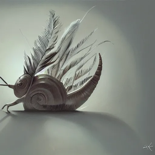 Image similar to snail with wings and feathers, oil painting, artstation, dramatic lighting, symmetry, beautiful