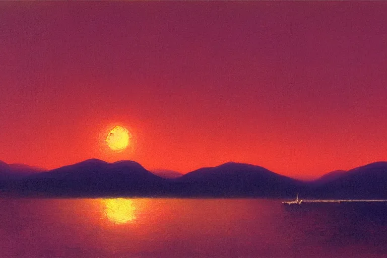 Prompt: awe inspiring arkhip kuindzhi landscape, digital art painting of 1 9 6 0 s, japan at night, red sunset, 4 k, 8 k, detailed