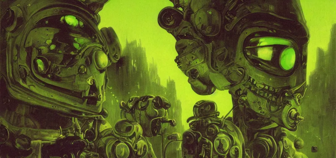 Prompt: a close - up view portrait of a lone astronaut, brutalist dock halls with green alien fog, close - up view, detailed textures. glowing green purple fog, dark black background. murder poison skull face, highly detailed fantasy science fiction painting by moebius, norman rockwell, frank frazetta, and syd mead. rich colors, high contrast