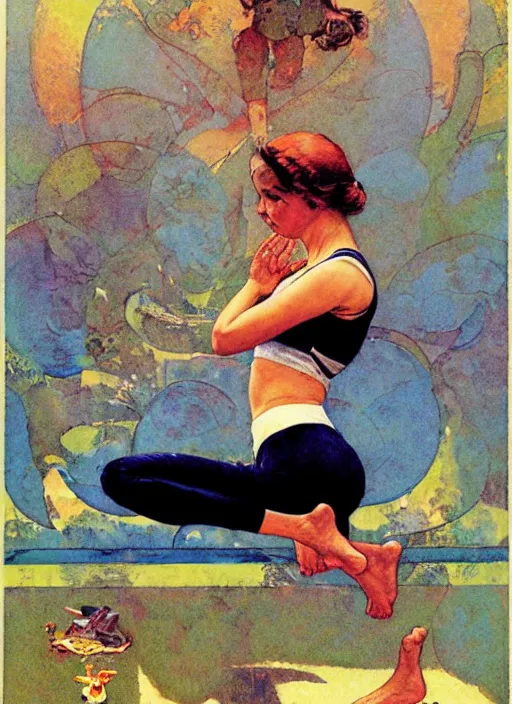 Prompt: an art nouveau copic maker close up illustration of girl doing yoga at high speed by norman rockwell and john berkey