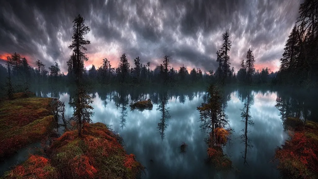 Image similar to amazing landscape photo of a dark forest of despair and misery with lake by marc adamus, beautiful dramatic lighting