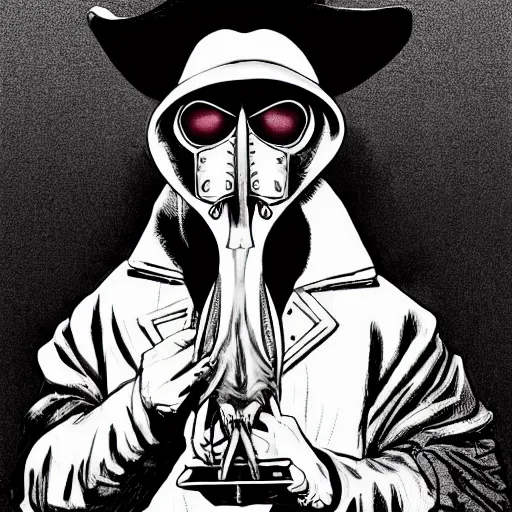 Image similar to a portrait of a plague doctor gunslinger, dark fantasy, horror, western, hell, ultrafine detailed digital pencil art by takeshi obata and mike mignola and irving penn, death note style, colored, symmetric body, cgsociety, sharp focus, detailed face, looking at the camera