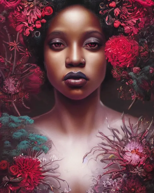 Image similar to portrait of the afro - american queen of the underworld, surrounded by flowers by karol bak, james jean, tom bagshaw, rococo, sharp focus, trending on artstation, cinematic lighting, hyper realism, octane render, 8 k, hyper detailed.