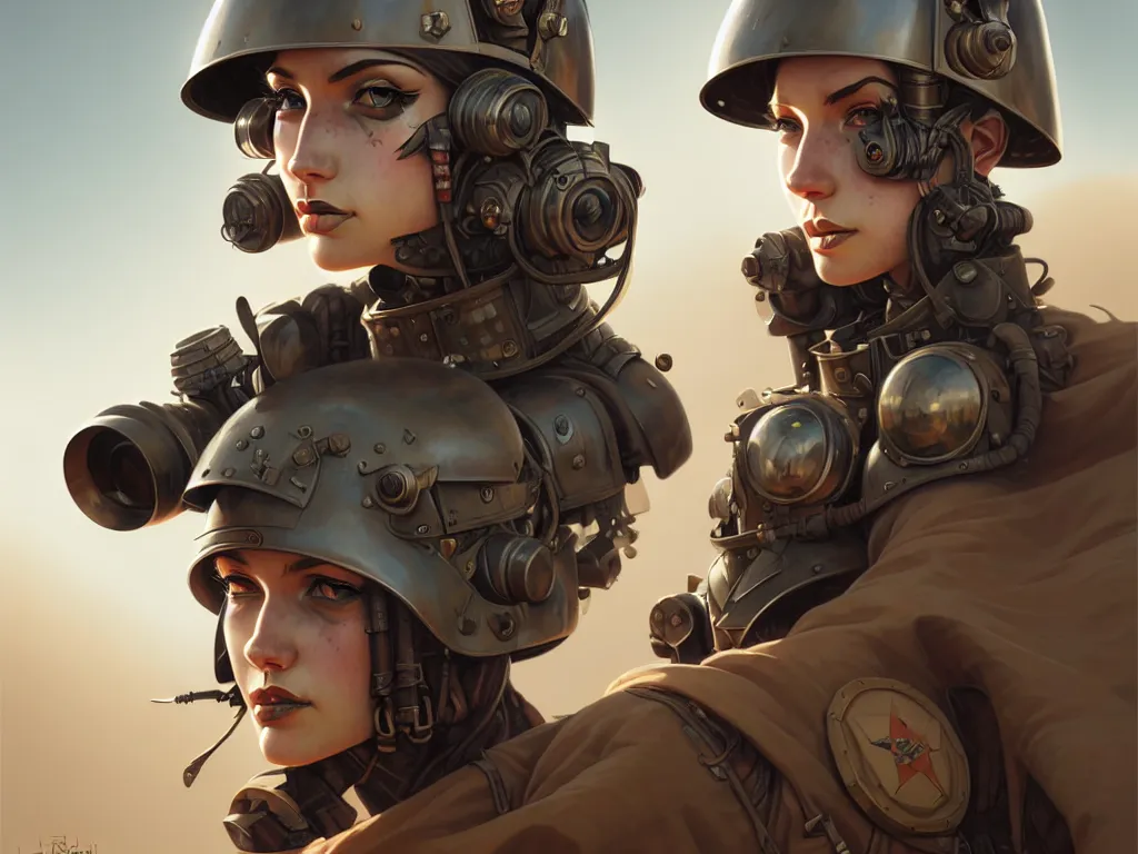 Prompt: portrait of dieselpunk soldier girl, helmet, stormy sandy desert, armored, highly detailed, digital painting, face detail, sharp focus, art, illustrations by loish and ayanamikodon and irakli nadar and rossdraws and wlop