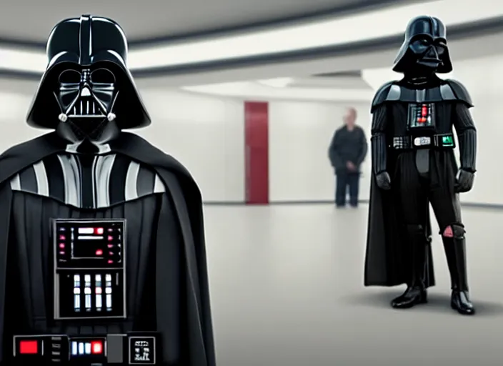 Image similar to film still of Darth Vader waiting in line at the bank in the new Star Wars movie, 4k