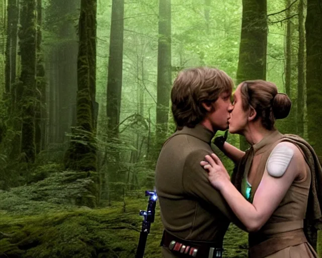 Image similar to luke skywalker, princess leia and han solo hugging and kissing in the forest of endor in a modern remake of return of the jedi