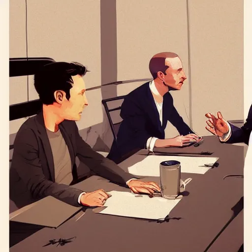 Image similar to cell shaded illustration of a meeting between elon musk, mark zuckerberg, jeff bezos, very detailled, by artgem, greg rutkowski, by atey ghailan, by greg tocchini, by james gilleard, by joe fenton, by kaethe butcher