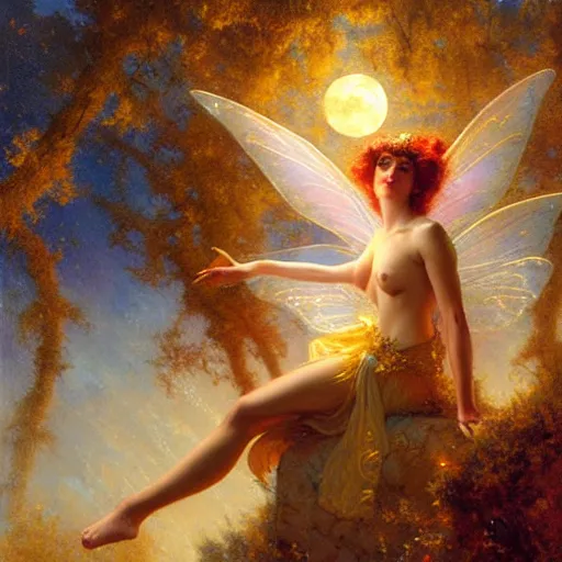 Image similar to attractive fairy magically floating high in the night, fantasy, full moon in background. highly detailed painting by gaston bussiere, craig mullins, j. c. leyendecker, mid shot, 8 k