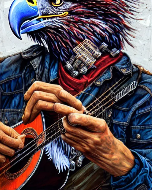 Image similar to a portrait of an anthropomorphic cyberpunk bald eagle screeching while strumming an acoustic guitar by sandra chevrier, by jon foster, detailed render, tape deck, epic composition, cybernetics, 4 k realistic, cryengine, realistic shaded lighting, sharp focus, masterpiece, by enki bilal