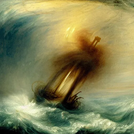Prompt: giant octopus with giant tentacles submerging a frigate on a stormy sea, in the style of jmw turner