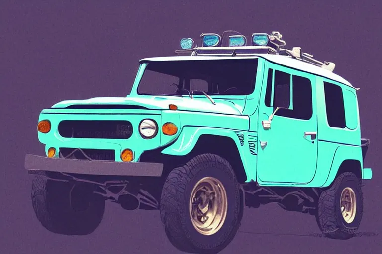 Image similar to digital illustration of a faded cyan mad max's fj 4 0 decrepit!!!! pursuit special, rusty!!! nissan fj cruiser heavily modded 1 9 9 0 s, the last v 8 interceptor by makoto shinkai, ilya kuvshinov, lois van baarle, rossdraws, basquiat