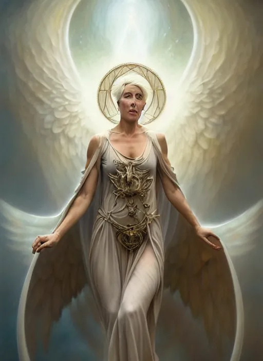 Image similar to emma thompson as an angel with cloak, aesthetic, fine art, intricate, elegant, highly detailed, realistic hair, centered, digital painting, art station, conceptual art, soft, sharp focus, illustration, artwork, artgerm, tomasz alen kopera, peter mohrbacher, donato giancola, wlop, boris vallejo