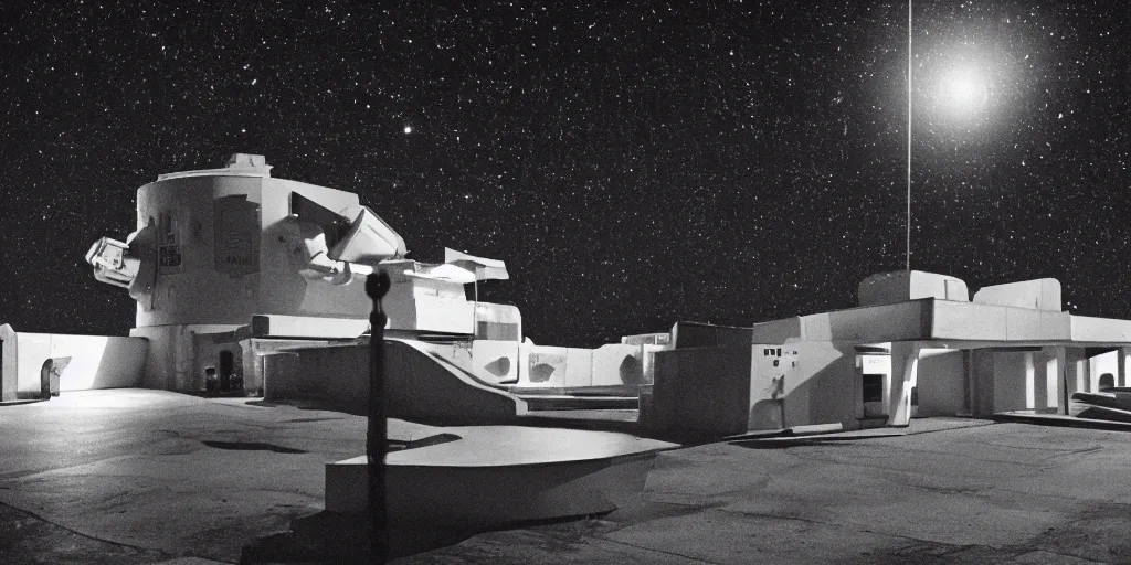 Image similar to low angle shot of a space port at night, set design by Ed Wood, in the style of Jim Jarmusch, shot on film, grainy, hyperrealistic