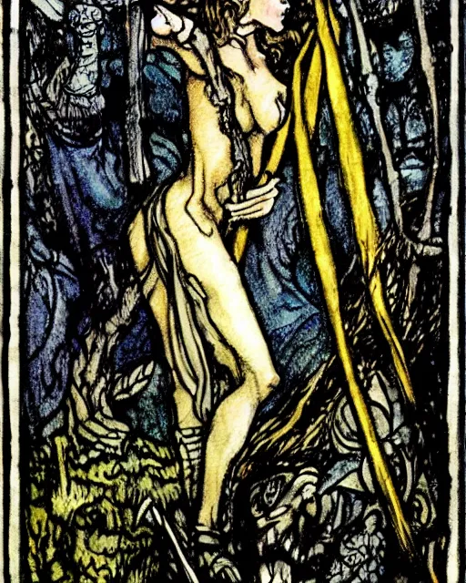 Image similar to tarot card detailed painting, illustration in style of Arthur Rackham