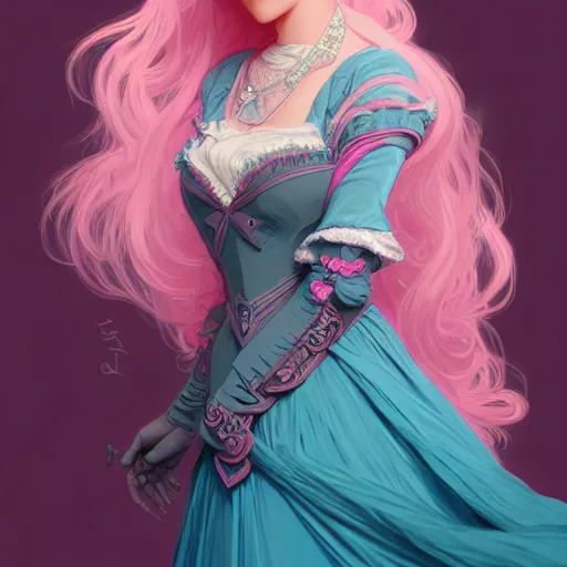 Image similar to aristocrat, teal pink color palette, female, d & d, fantasy, intricate, elegant, highly detailed, long pink hair, digital painting, artstation, octane render, concept art, matte, sharp focus, illustration, hearthstone, art by artgerm, alphonse mucha johannes voss