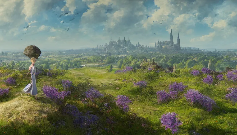 Prompt: landscape painting drone shot of violet evergarden standing on a distant flower hill, behind it a distant old german city, blue sky, sunshine, fantasy, intricate, elegant, highly detailed, digital painting, artstation, blender, unreal engine 5, octane render, smooth, sharp focus, illustration, by Philipp A. Urlich and greg rutkowski