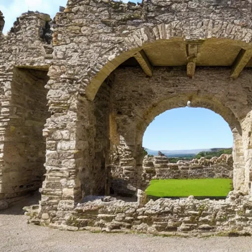 Image similar to a view that is split in two. the right half is from when the castle was new. the left half is from when the castle has advanced in time and become a ruin.