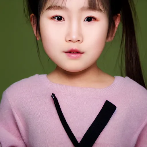 Image similar to portrait photo head and shoulders child Korean girl full lighting flash photo, Brightly lit, eyebrows exposed no hair on face mouth closed looking directly into camera