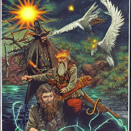 Prompt: 🧙🦅🛸🔥🌞🌲, Larry Elmore, Stephen Fabian