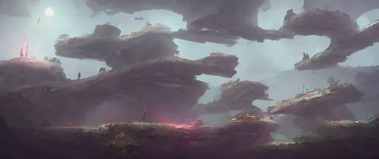 Image similar to floating islands in void concept art, low angle, cinematic, style of Jordan grimmer