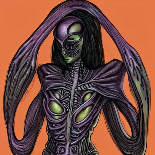 Image similar to alien woman - wings, organic armor, three eyes, tentacles, realistic