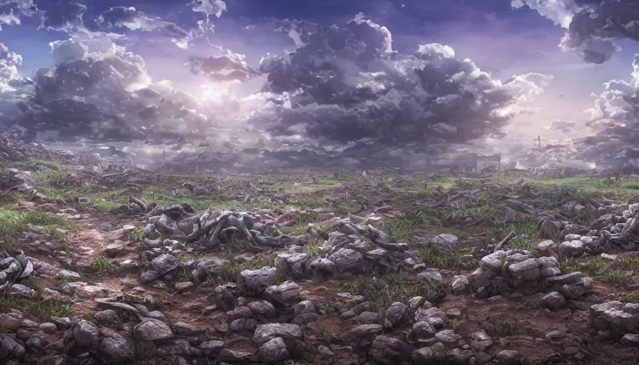Prompt: the beautiful, chilling, mundane panoramic view of a field after war filled with dead soldier calvary and rocks. hyperrealistic anime background illustration, colorful, extremely detailed intricate linework, smooth, super sharp focus, bright colors, high contrast, matte, octopath traveler, unreal engine 5 highly rendered, global illumination, radiant light