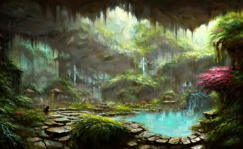Prompt: painting of an interior of a hot spring in the mountains, fantasy, lush plants and flowers, natural light, concept art, by greg rutkowski and craig mullins, cozy atmospheric and cinematic lighting, trending on artstation