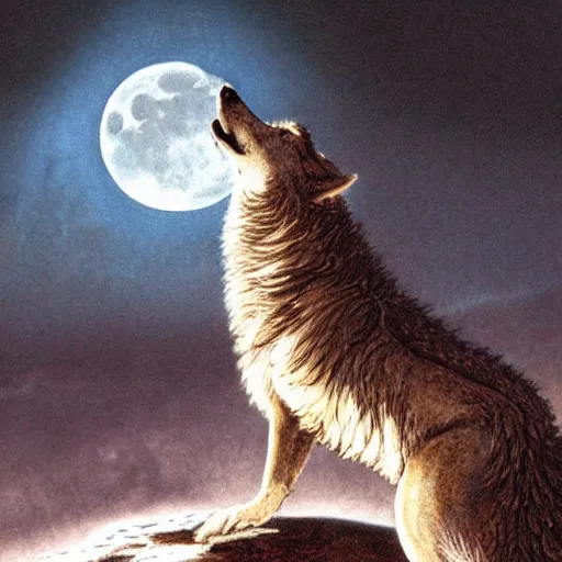 Prompt: The Wolf Howling at the moon, full moon, magic light, in style of Ted Nasmith