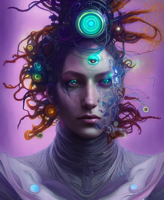 Image similar to a whirlwind of souls rushing inside the metaverse, half body, jewelry, hologram, dreads, android, cyborg, cyberpunk face, by loish, d & d, fantasy, intricate, elegant, highly detailed, colorful, vivid color, digital painting, artstation, concept art, art by artgerm and greg rutkowski and alphonse mucha