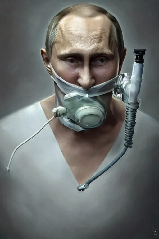 Image similar to hyperrealistic painting of Vladimir Putin wearing an oxygen mask on a death bed inhaling from Copium tank, dimly lit cozy tavern, leather tunic, confident relaxed pose, d&d, stunning 3d render inspired art by Tim Okamura and Lise Deharme + perfect facial symmetry + dim volumetric lighting, 8k octane beautifully detailed render, post-processing, extremely hyperdetailed, intricate, epic composition, grim yet sparkling atmosphere, cinematic lighting + masterpiece, trending on artstation, very very detailed, masterpiece, stunning