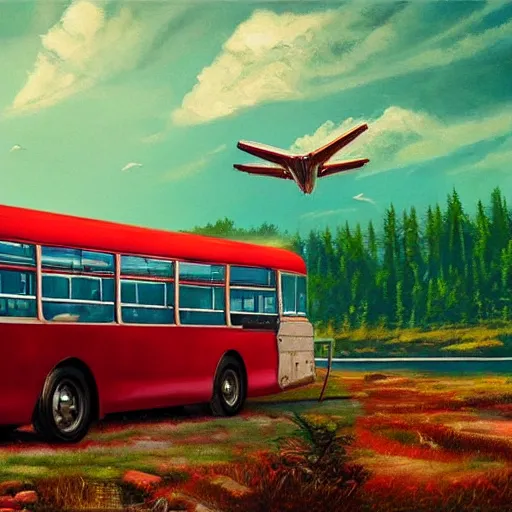 Image similar to a [ 5 0 s bus infused with airplane wings ] flies above a forest and lake, [ oil painting ]!!, trending on cgsociety, 4 k