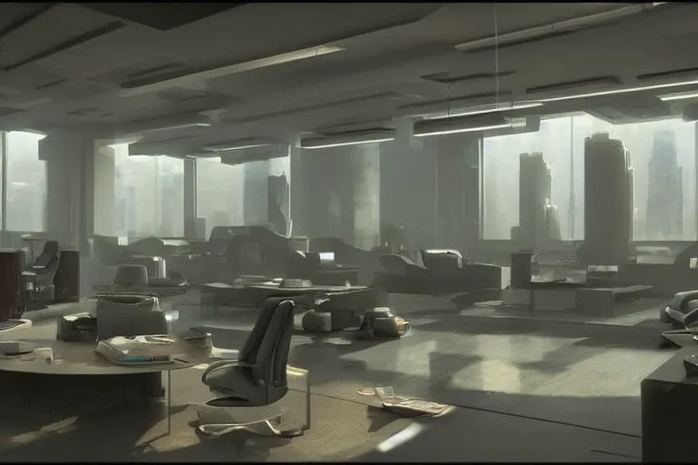 Image similar to a futuristic high tech apartment office interior, by Craig Mullins, octane rendering, moody lighting, wide angle lens, in the style of blade runner