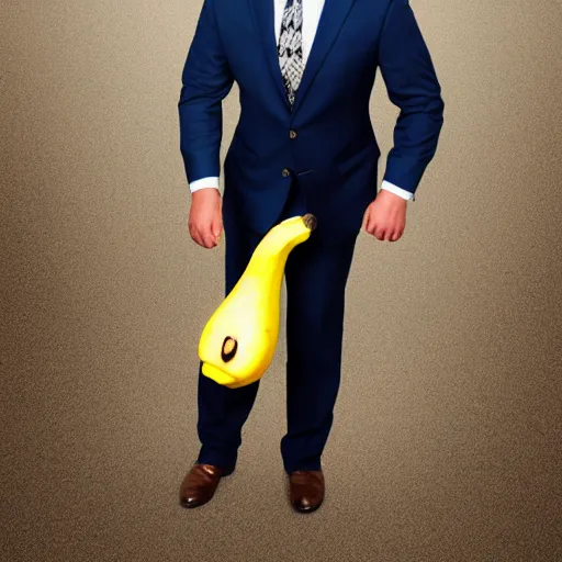 Image similar to a person with a banana head wearing a business suit