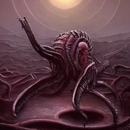 Prompt: Xenomorph planet Beksinski style