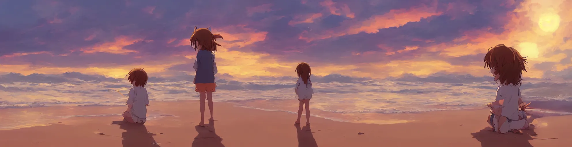 Image similar to beautiful, detailed digital painting of a brown-haired child playing on the beach and looking at the sunset, anime by Makoto Shinkai, sand, waves, trending on artstation