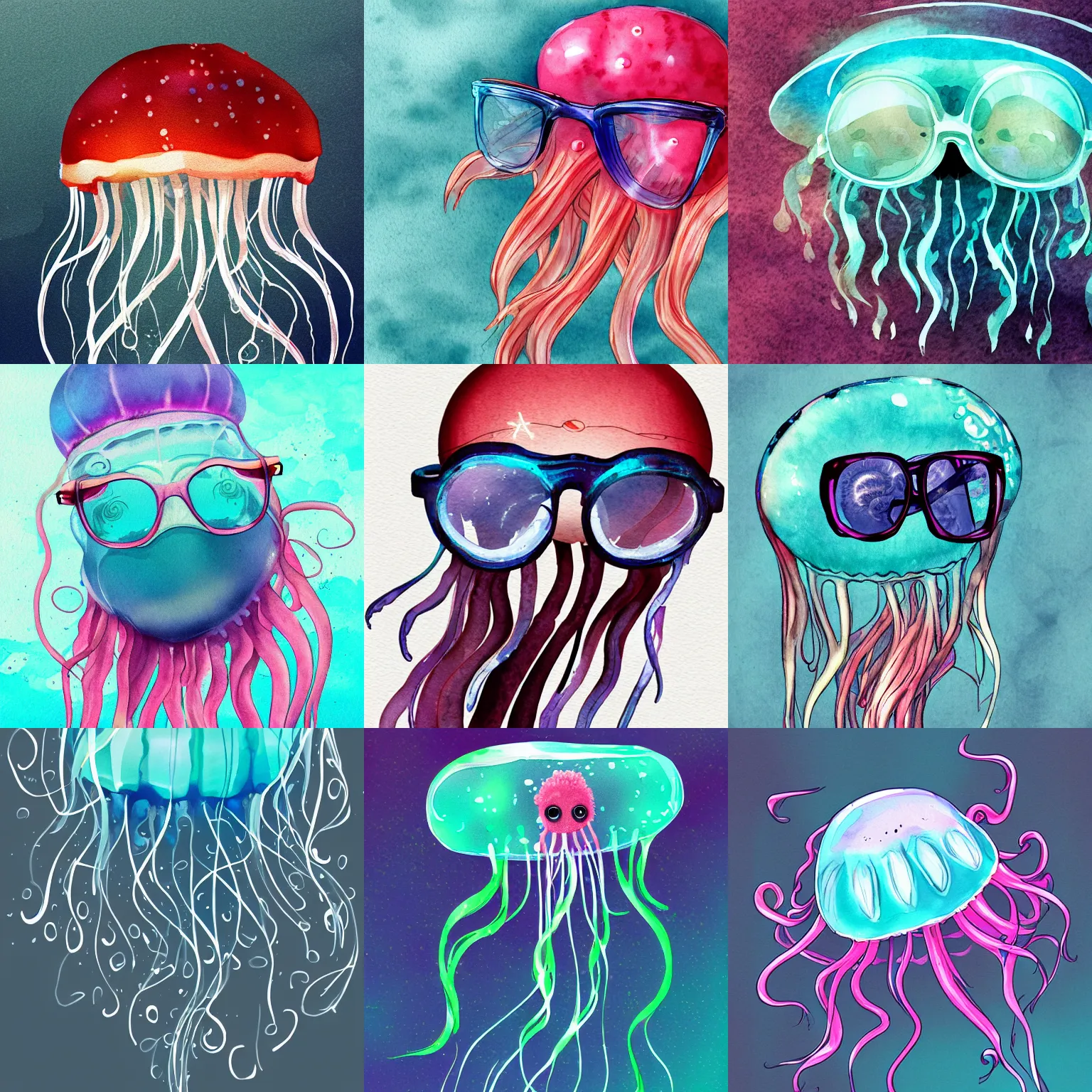 jellyfish wearing glasses, glasses frames, underwater, | Stable 