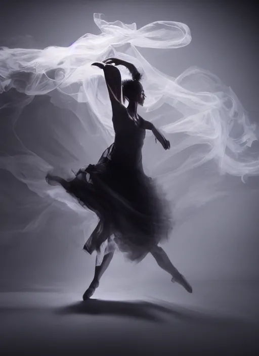 Image similar to a Photorealistic dramatic hyperrealistic render of a beautiful Female smoke dancer by Ken Brower and Deborah Ory of NYC Dance project,Lois Greenfield,Flowing cloth and smoke,Beautiful dynamic dramatic dark moody lighting,volumetric,shadows,cinematic atmosphere,Octane render,8K