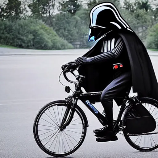 Prompt: dslr photography of darth vader from star wars riding a bicycle